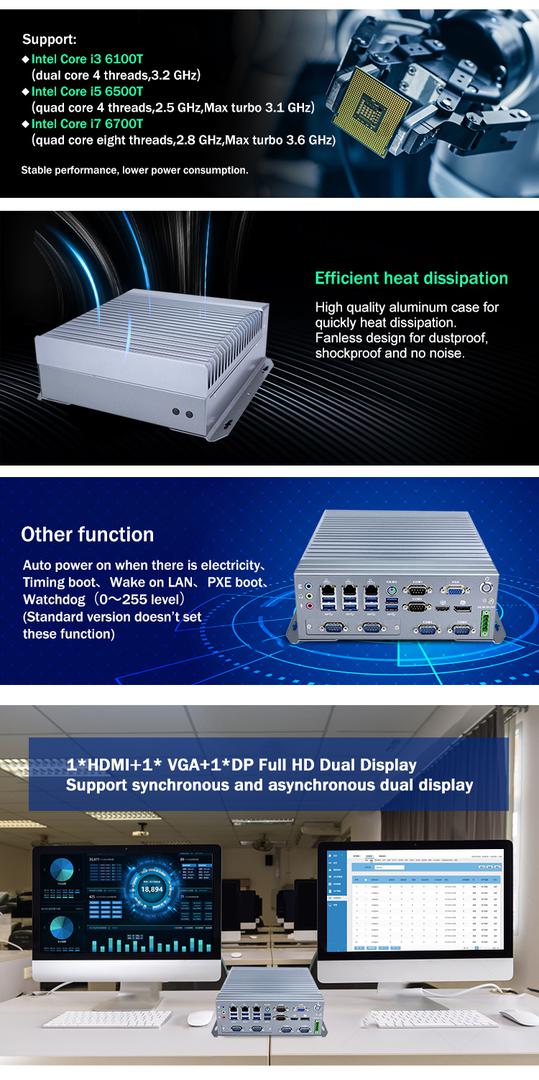 IBOX-708 SSD Intel Core I5 6500T Industrial Mini PC All Aluminum Chassis -20℃~60℃ Temp